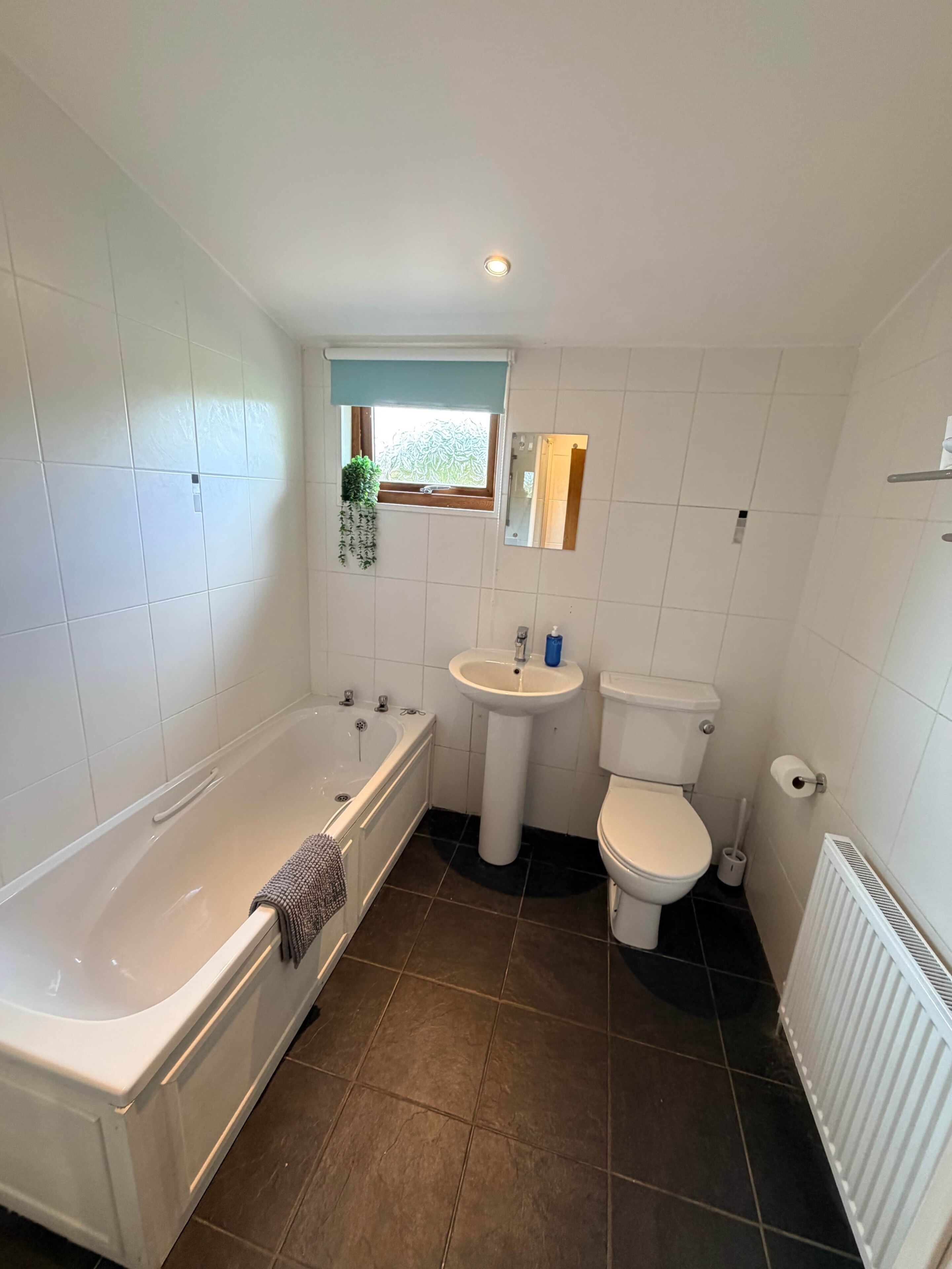 A bathroom with a bathtub, sink, toilet, and a window with a view.