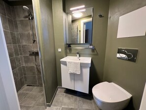 Une salle de bain avec douche, lavabo et toilettes.