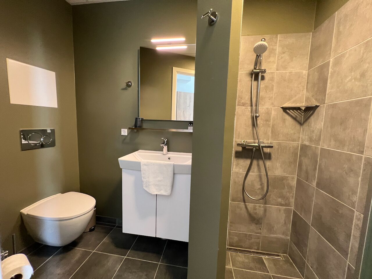 Et badeværelse med toilet, vask og bruser.