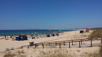 On the beach, sun-loungers, beach towels