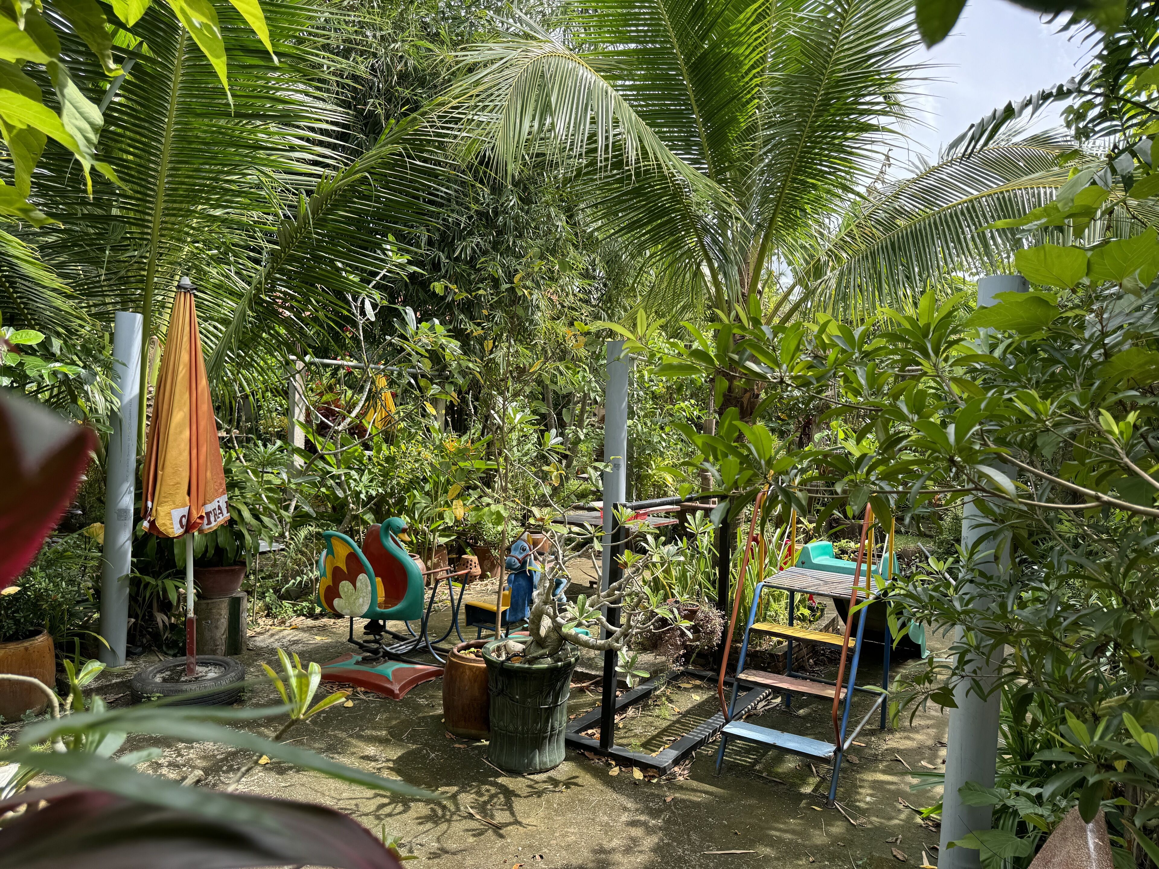 A lush garden with palm trees, a tire swing, and colorful bird sculptures.