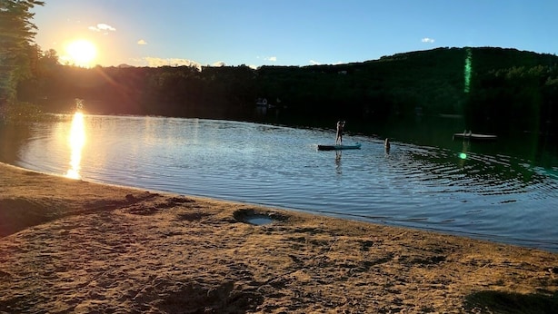 A serene lakeside scene with a clear sky, calm water, and a sandy shore.