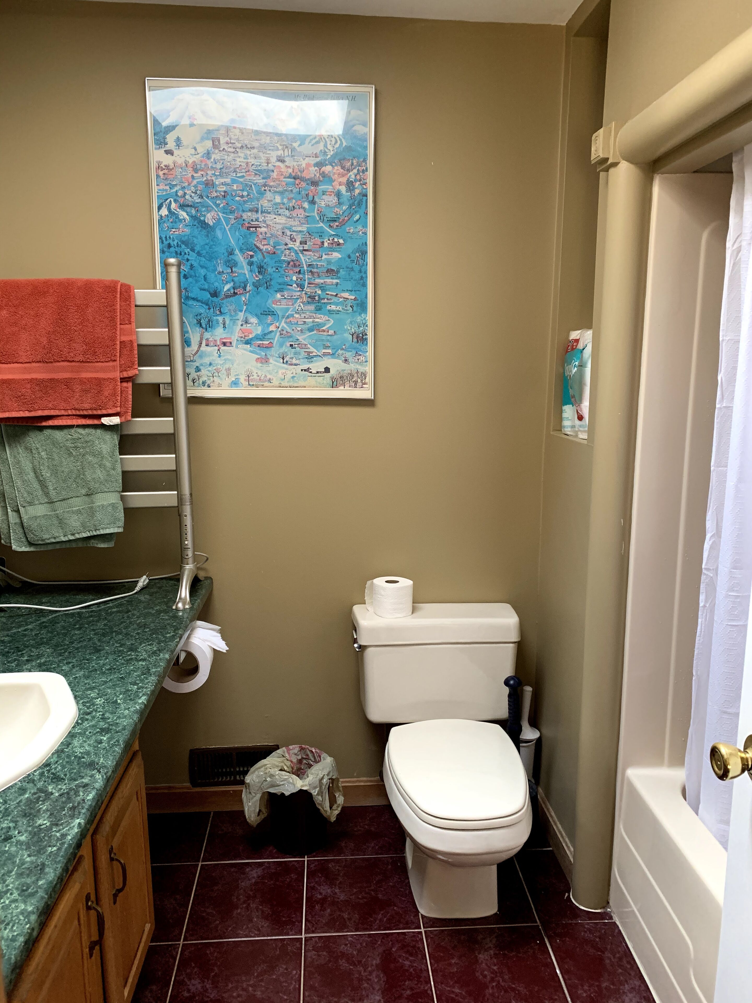 Un baño con inodoro, lavamanos y un mapa grande en la pared.