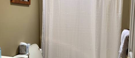 A bathroom with a toilet, a sink, a framed picture on the wall, and a shower curtain.