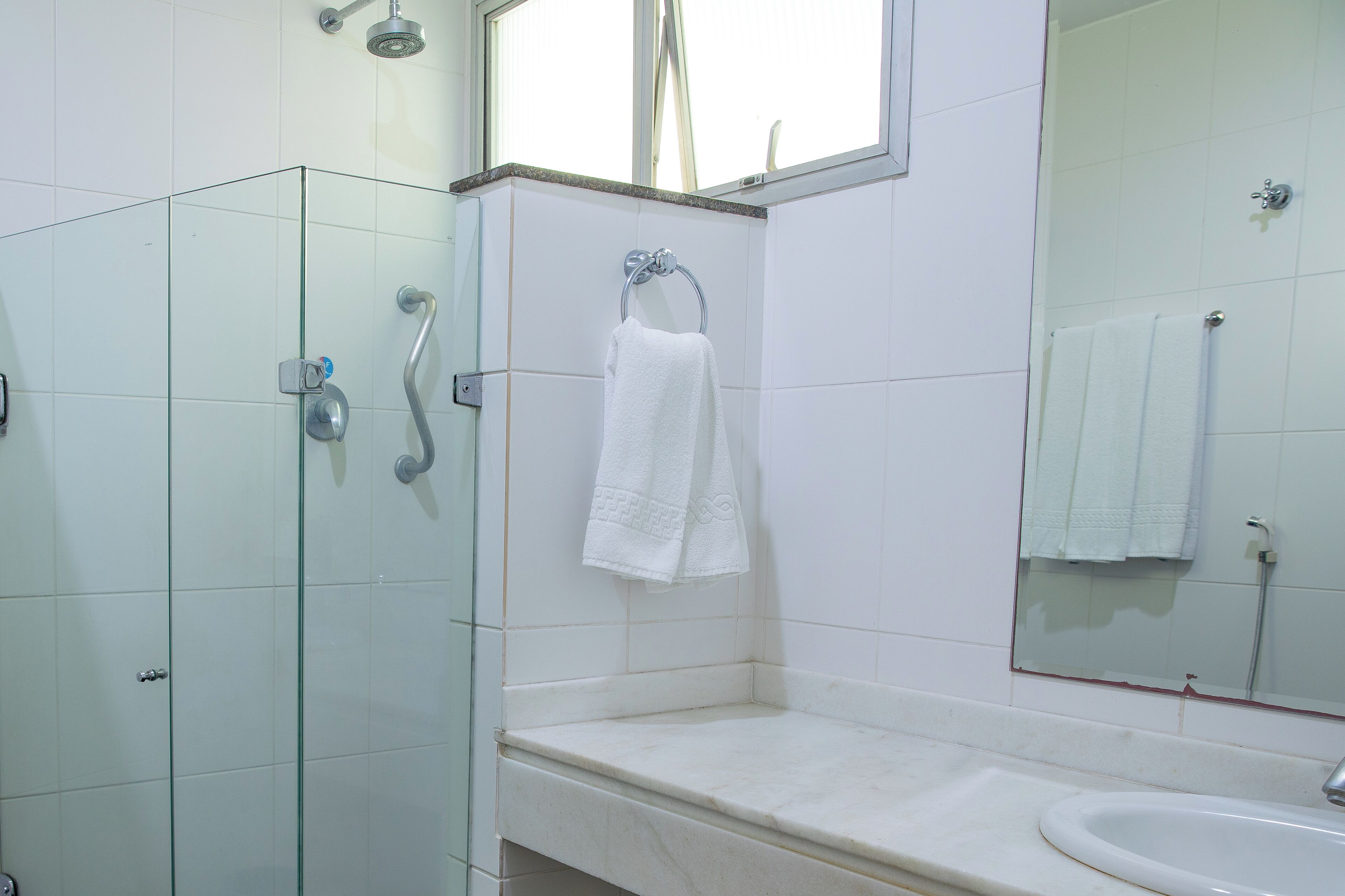 A bathroom with a glass shower enclosure, a white sink, and a mirror above the sink.
