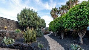 A landscaped garden with a stone wall, various plants, and a gravel path.