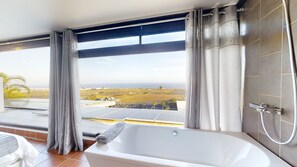 Combined shower/bathtub, hair dryer, towels, soap