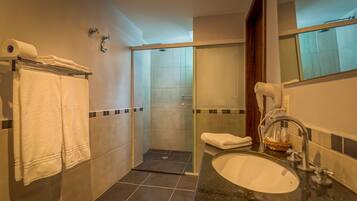 Hair dryer, towels, soap, toilet paper