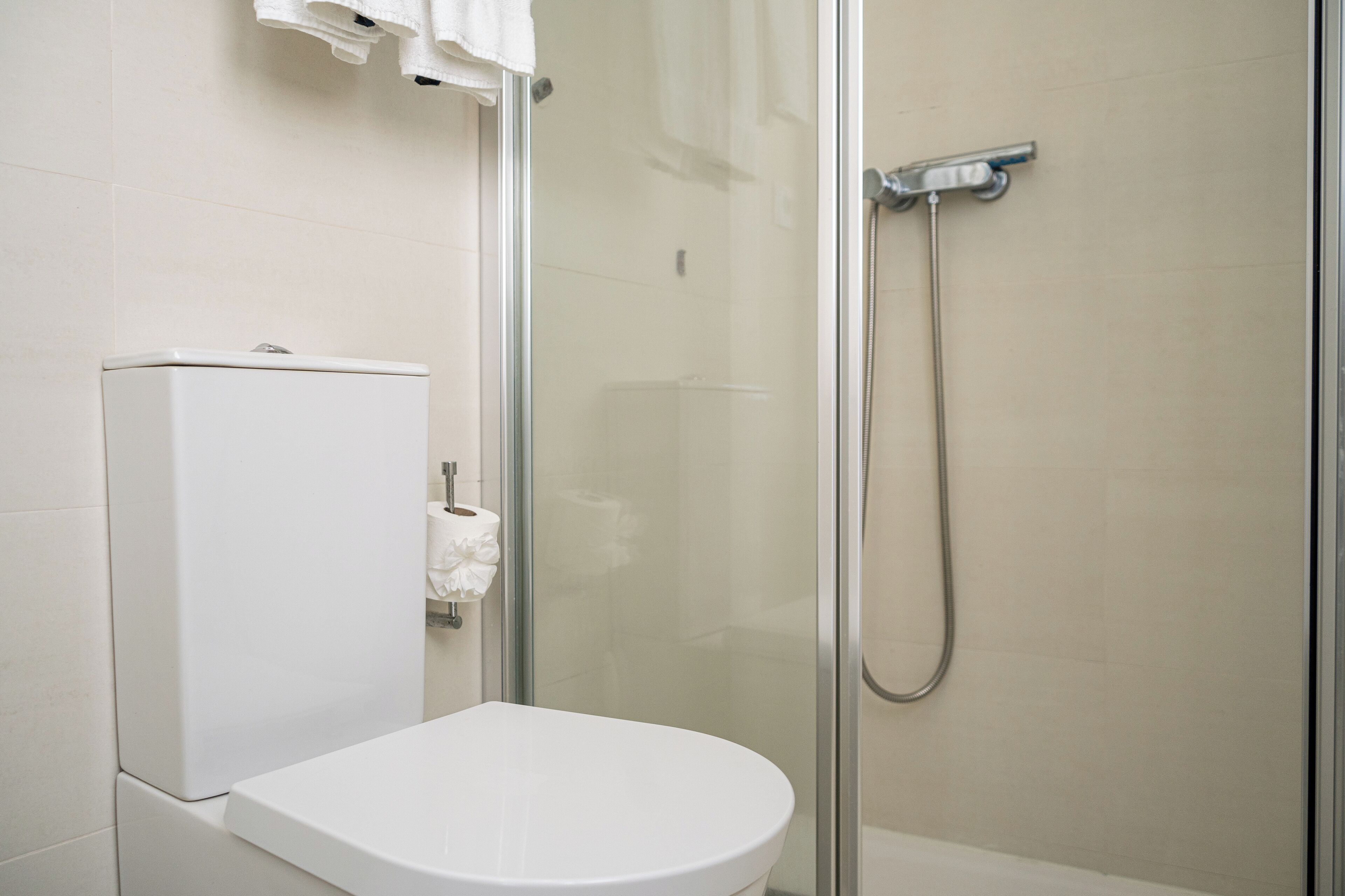 Et badeværelse med toilet, glasvæg omkring bruseniche og håndklædestang.