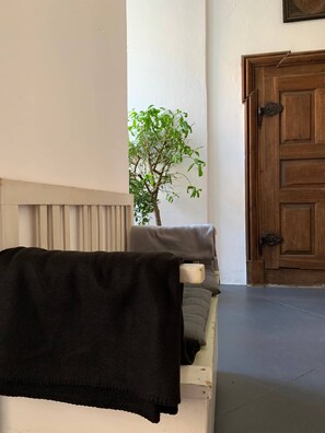 A room with a white radiator, a wooden door, and a plant. - Ferienzimmer im Schloss Burgpreppach (Burgpreppach)