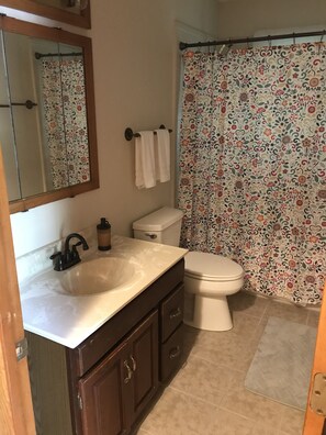 Bañera con ducha, secador de pelo, toallas, jabón