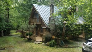 A cabin with a sloped roof, surrounded by dense forest. - Bear Gone Fishing- Cool Down in the Creek!!! Mins to Highlands (Scaly Mountain)
