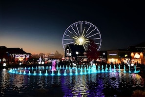 Une scène nocturne mettant en scène une grande roue illuminée et un spectacle de jets d’eau.
