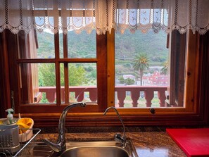 A kitchen with a stainless steel sink, a window with a view of greenery and buildings, and a lace curtain.