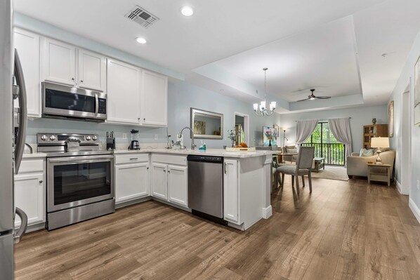 Fridge, microwave, oven, stovetop