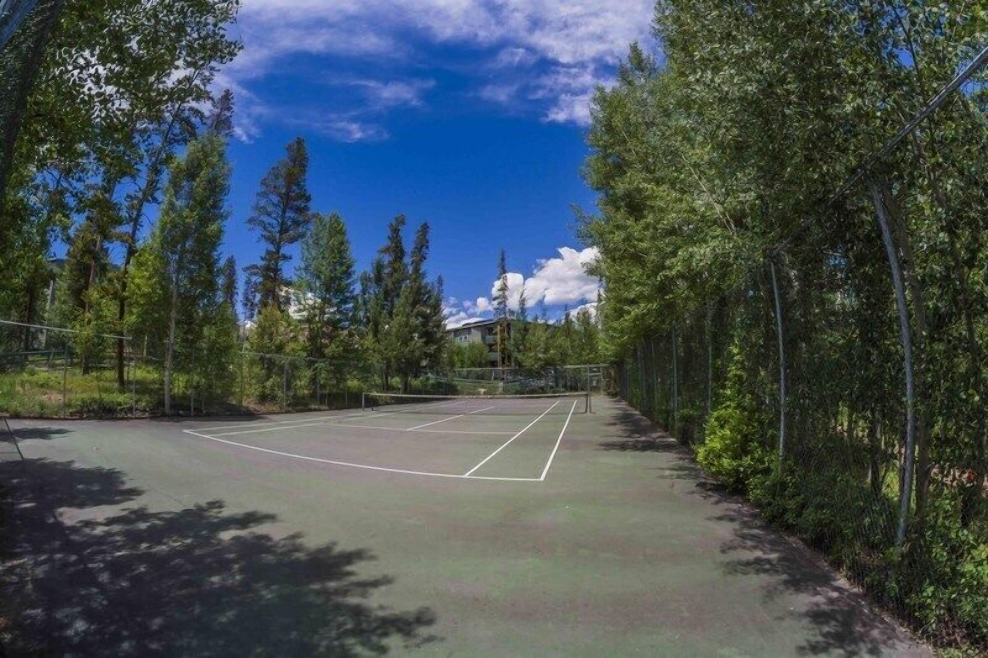 An outdoor tennis court surrounded by trees.