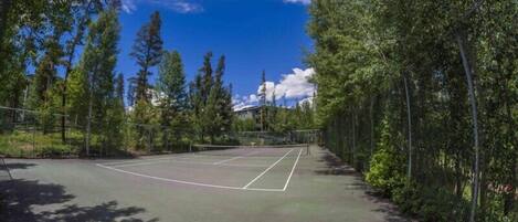 An outdoor tennis court surrounded by trees.
