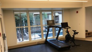 A gym with a treadmill, stationary bike, and large windows overlooking a courtyard. - Cozy Mountain Retreat in Snowmass Village CO (Snowmass Village)