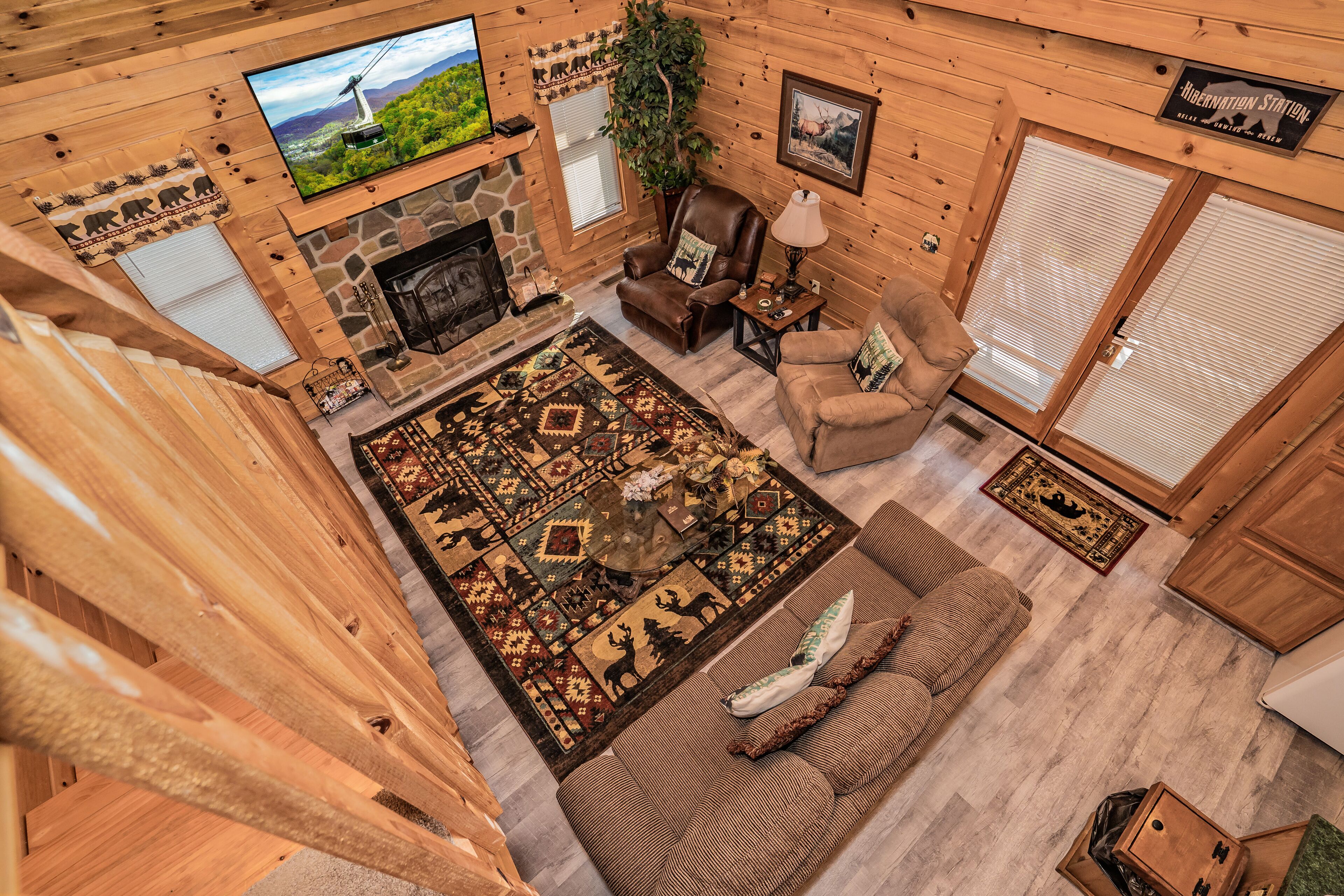 Smart TV, fireplace, video games, DVD player