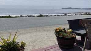 A wooden deck with potted plants and a chair overlooking the ocean. - The Ebb Tide Beach Bungalow (Half Moon Bay)