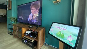 Puisen jalustan päällä oleva televisio, jossa on digitaalinen näyttö, pienempi näyttö ja seinä, joka on koristeltu pyöreillä hyllyillä ja punaisella koriste-esineellä.