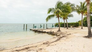 Een strand met palmbomen, een houten steiger en ligstoelen.