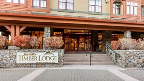 A hotel entrance with a stone facade, a sign for 'Marriott Timber Lodge,' and a staircase leading to the entrance.