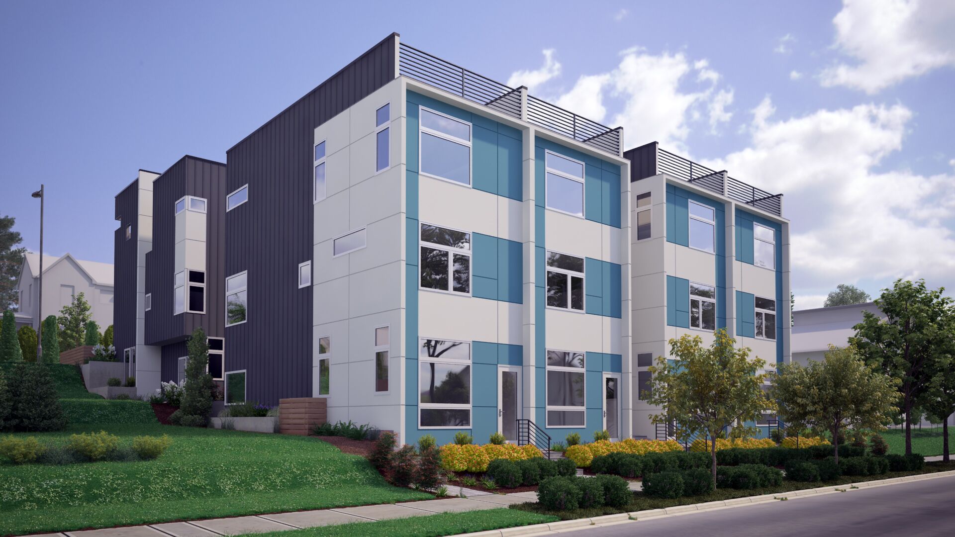 A modern multi-story residential building with a mix of dark and light facades, large windows, and a well-maintained front yard with landscaping.