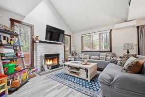 Smart TV, fireplace, books