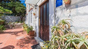Un bâtiment en pierre avec une enseigne bleue, une porte en bois et des plantes en pot.