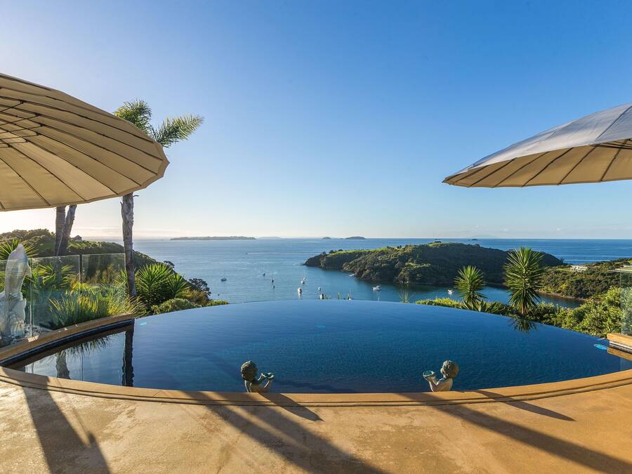 Outdoor pool, pool umbrellas, pool loungers