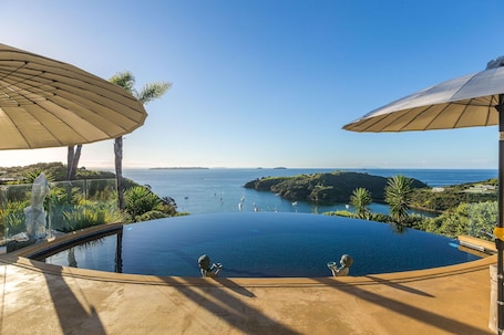 Outdoor pool, pool umbrellas, sun loungers. Delamore Lodge