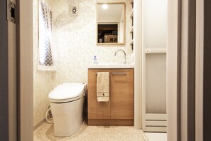 Separate tub and shower, free toiletries, hair dryer, electronic bidet
