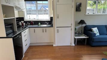 Fridge, microwave, stovetop, electric kettle