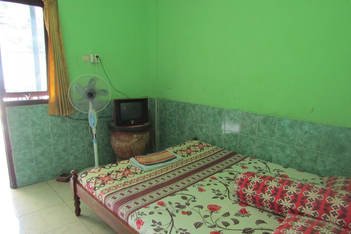 A room with a bed, a television, a fan, and a window with curtains.