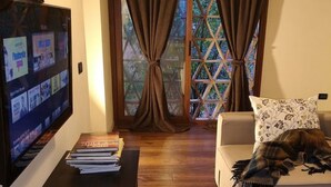 A cozy living room with a television, books, a sofa, and a window with curtains. - Il Fienile -The Barn at Rose Cottage in Tuscany (Caniparola Fosdinovo,)