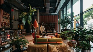 A modern interior with a leather sofa, a large plant, and a bookshelf. - Superbude Wien Prater (Vienna)