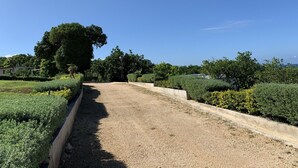 A gravel pathway in a landscaped garden with trimmed hedges and trees. - Breathtaking View Villa Tranquil Vibe (Falmouth)