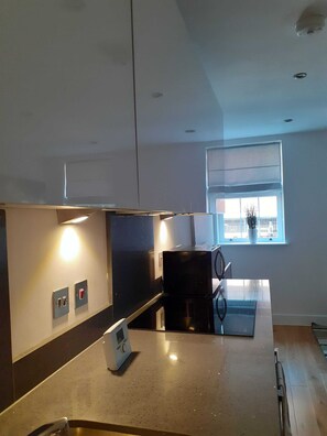 Departamento | Cocina privada | Refrigerador con congelador, microondas, horno y parrilla de estufa 