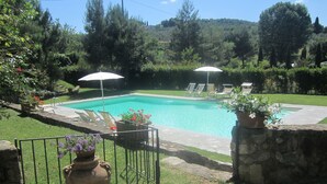 A rectangular swimming pool with a stone border, surrounded by a grassy area and a stone wall. There are two umbrellas providing shade over the pool. - Two-room apartment barn in farmhouse with swimming pool (Scandicci)