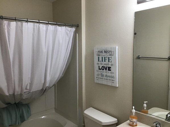 A bathroom with a shower curtain, a toilet, a sink with soap dispenser, and a mirror.