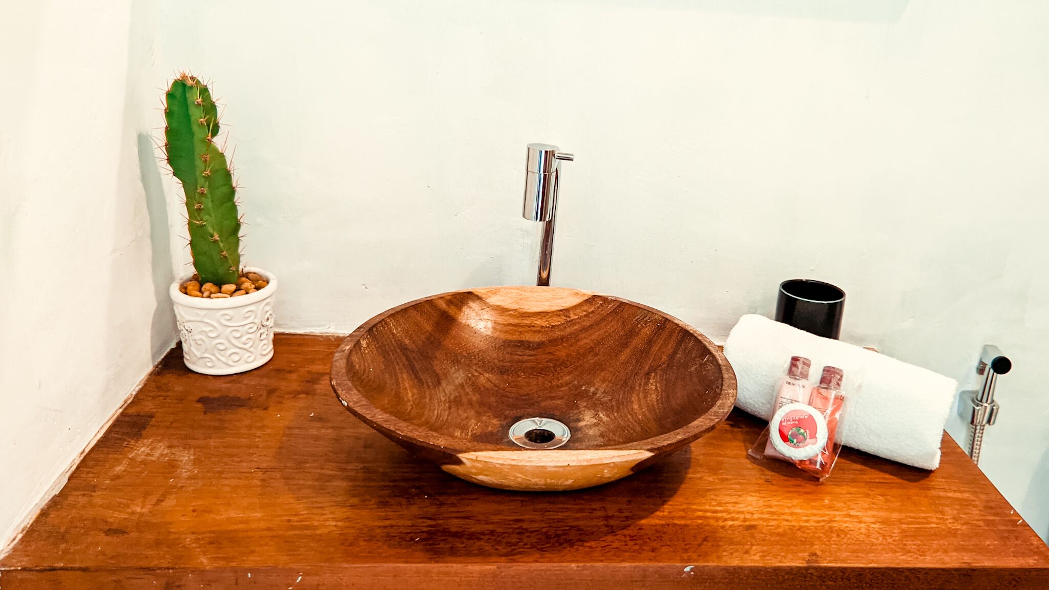 A wooden sink with a faucet, a potted cactus, and toiletries on a wooden countertop.