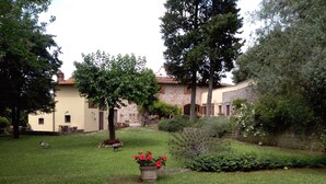 Un patio con un pavo real, un edificio de piedra y un árbol.