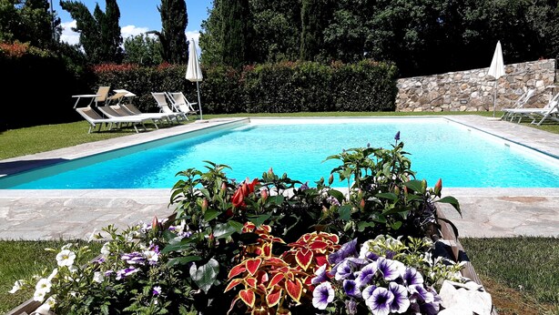 Piscina rectangular con pared de piedra y zona verde con flores y tumbonas.