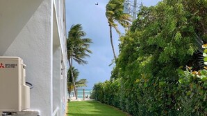A well-maintained grassy pathway flanked by lush greenery and a white building with a Mitsubishi Electric air conditioning unit.