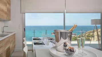 Panoramic Apartment, 1 Bedroom, Sea View | Private kitchen | Full-sized fridge, microwave, oven, stovetop