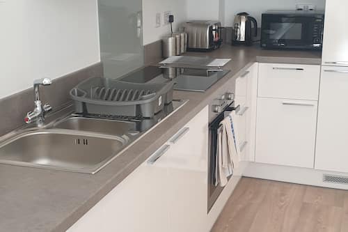 Full-size fridge, microwave, oven, dishwasher