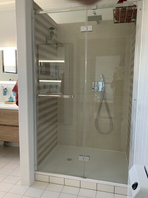 Shower, hair dryer, towels