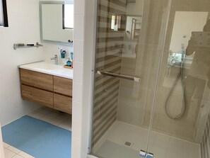 Shower, hair dryer, towels