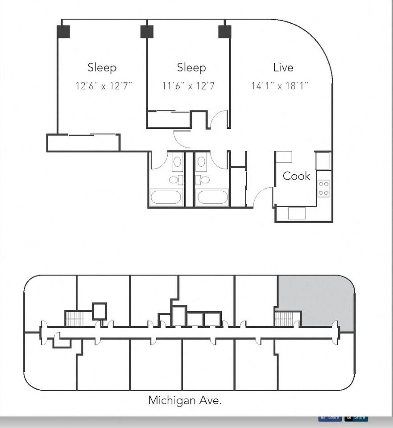 A floor plan of a hotel with three bedrooms, a living room, and a kitchen.